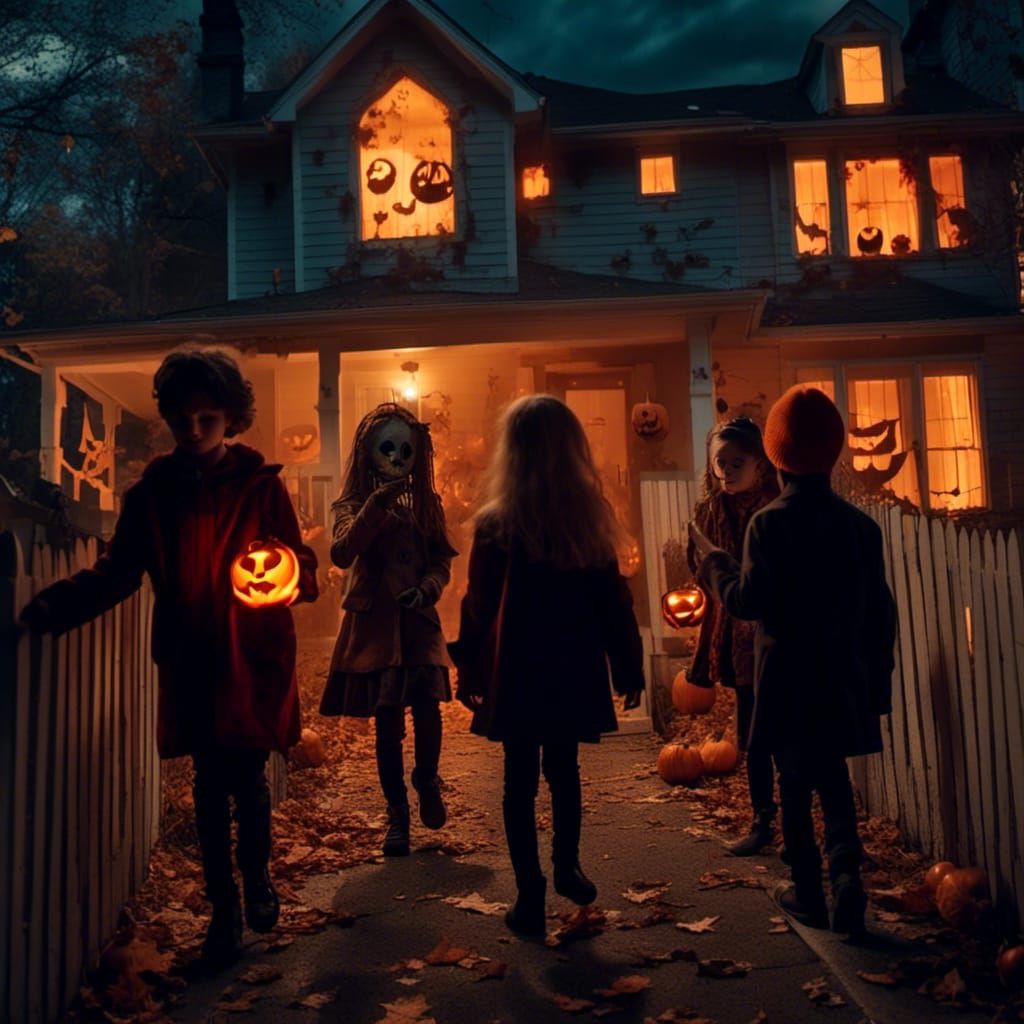 Halloween Night: Children Trick-or-Treating in Spooky Suburb...