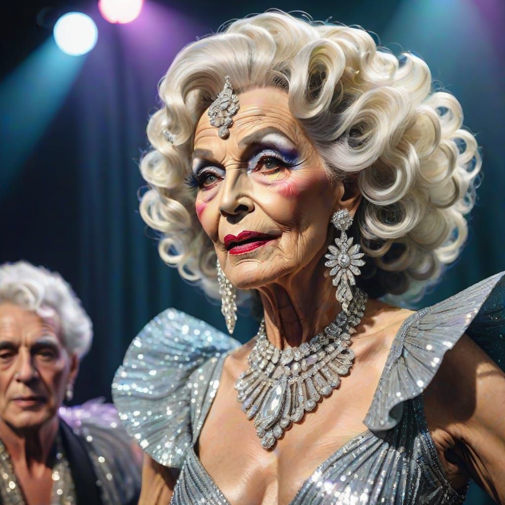 Elderly Performer in Silver Showgirl Costume, Abstract Art