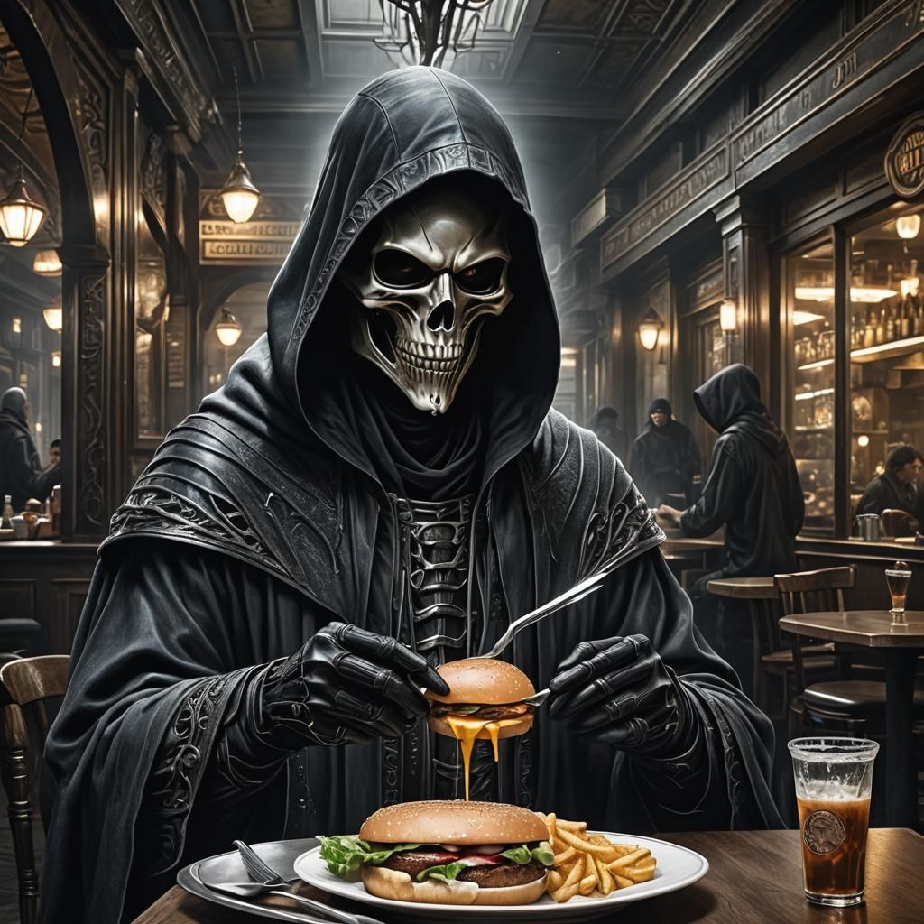 Mysterious Figure Eats Burger: HR Giger Style