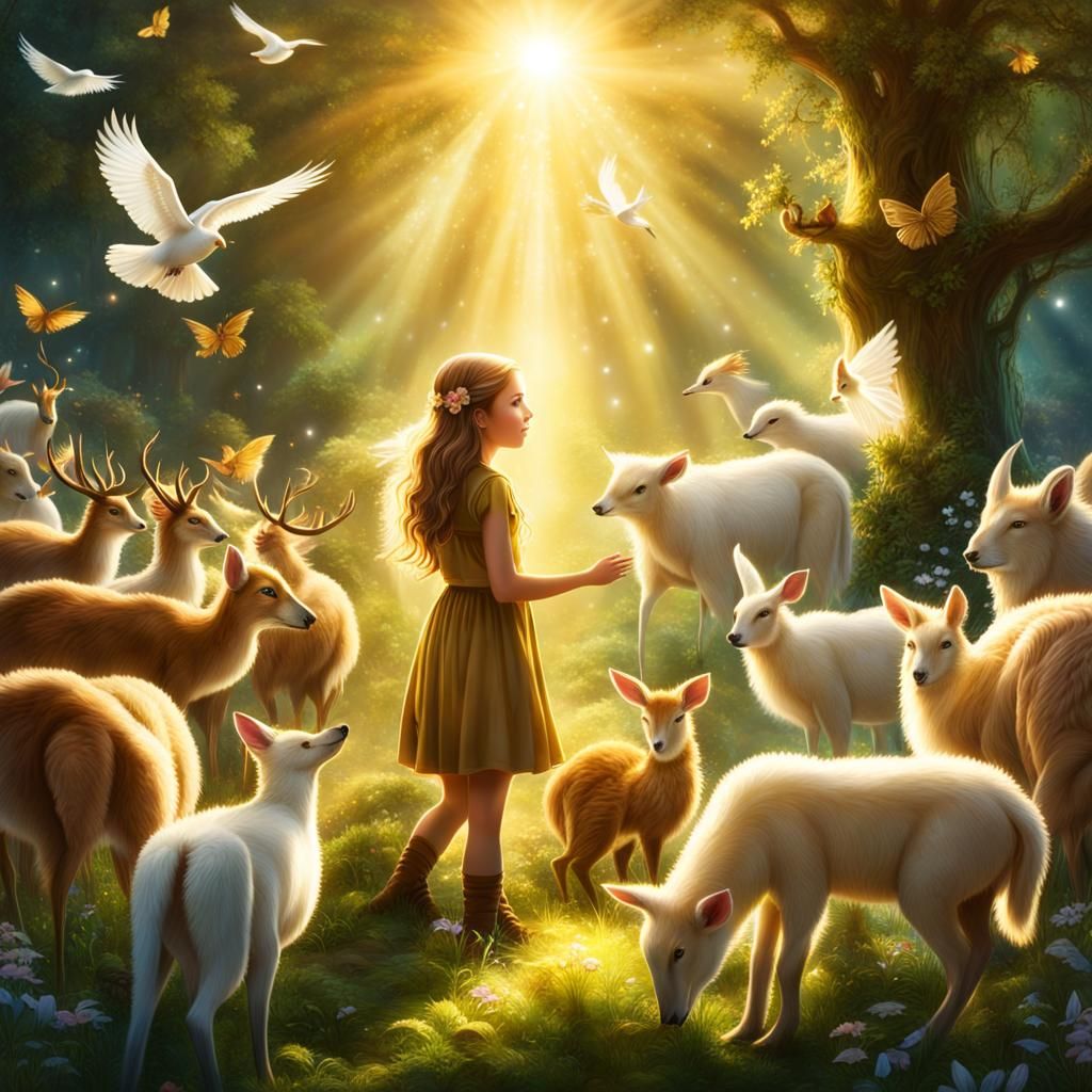 Magical Forest Scene with Teen and Animals