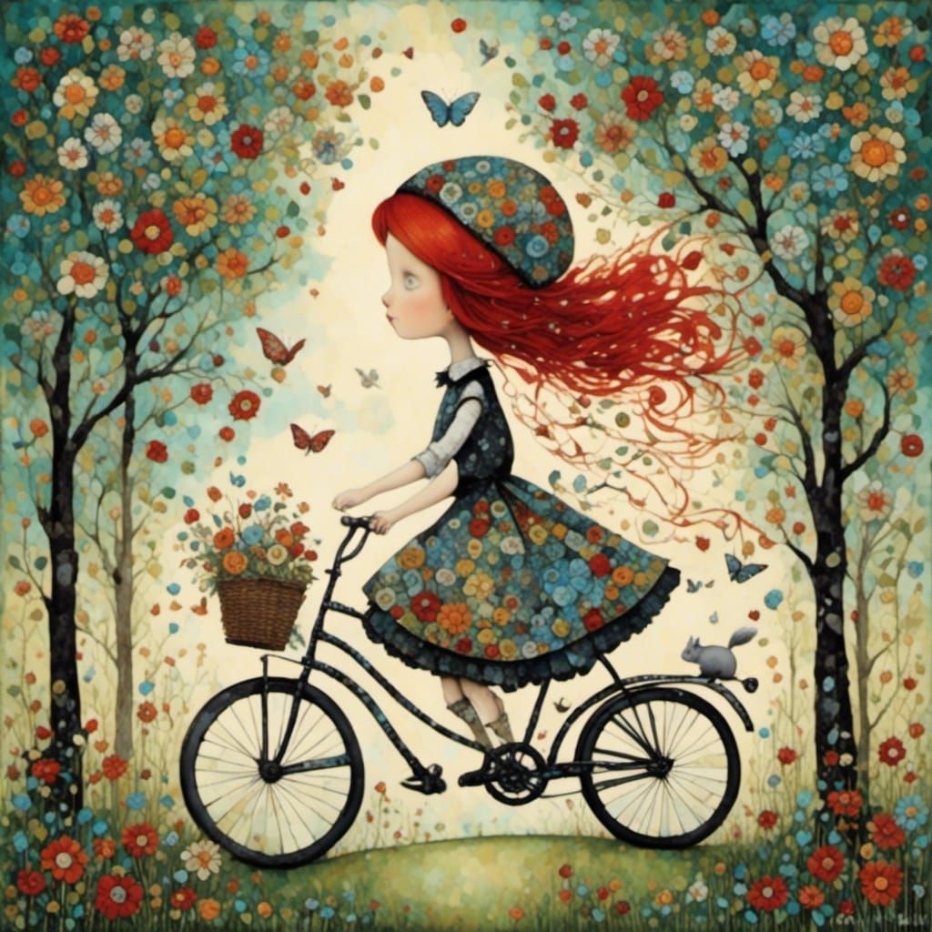 Girl on Bicycle in London Park, Watercolor Art