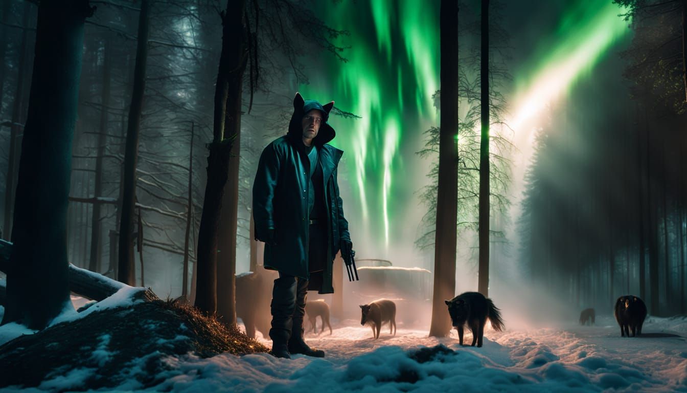 Eerie Forest in Snow with Green Lights
