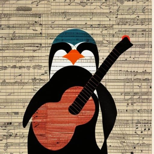 Penguin Plays Guitar in Cut Paper Collage