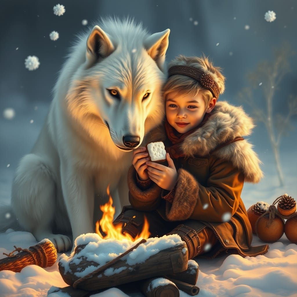 Intimate Campfire Scene with Dire Wolf and Boy in Hyper-Real...