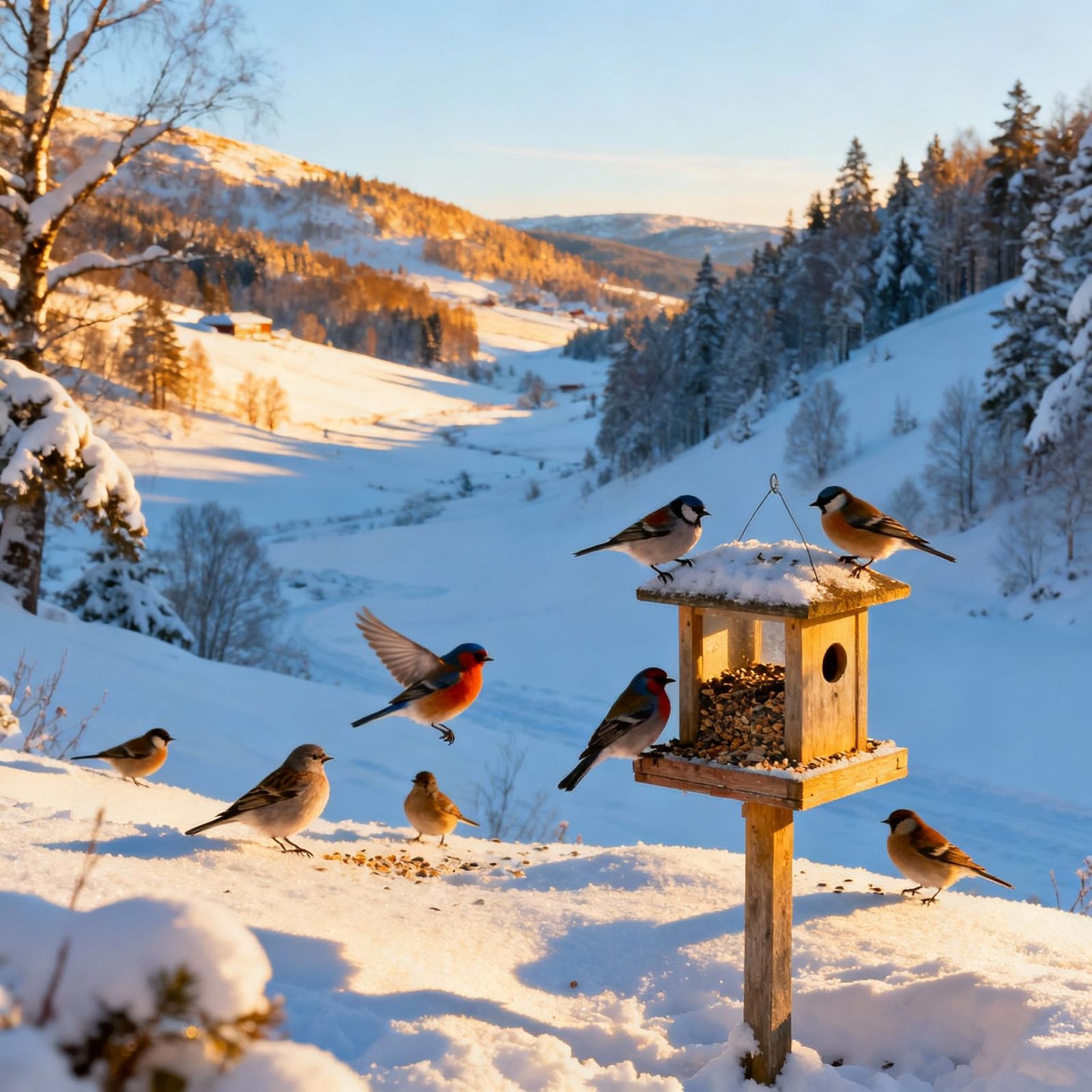 Sunny Winter Valley with Birds in Sweden