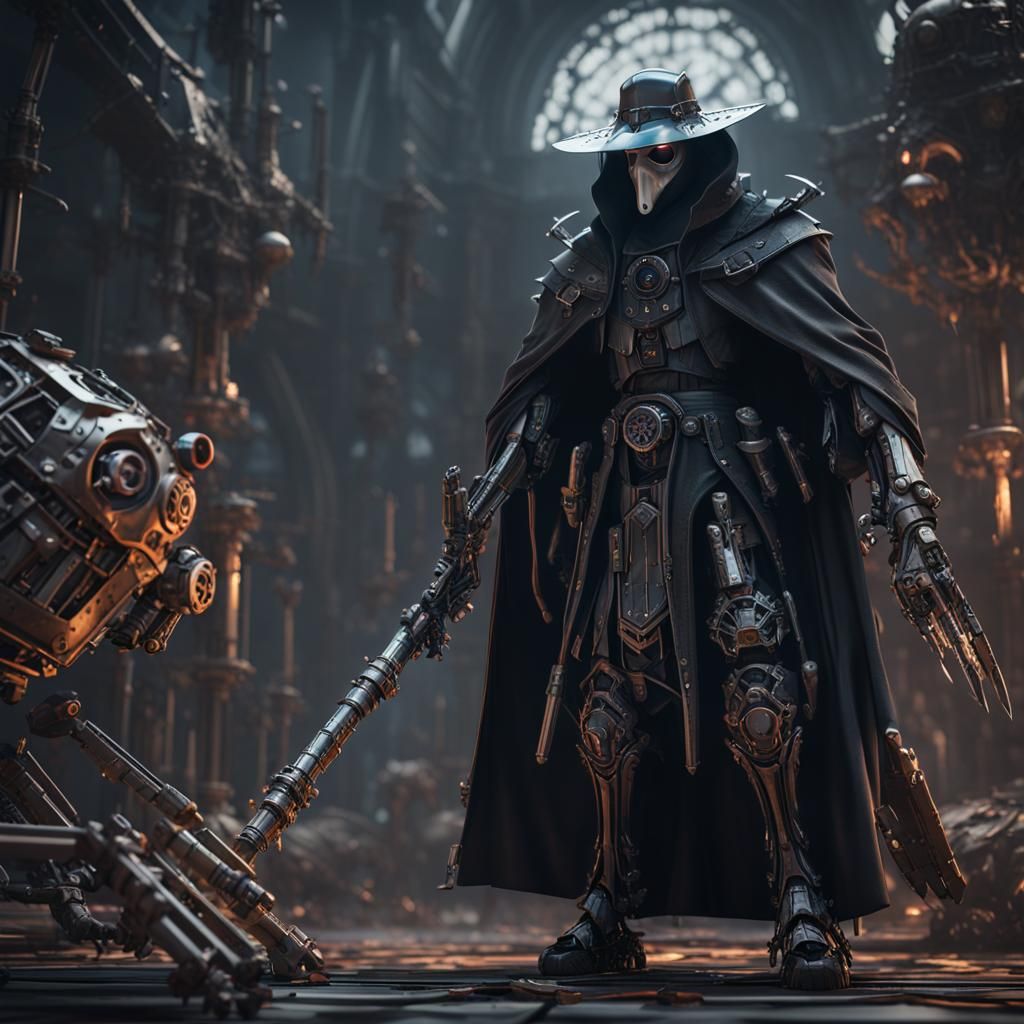 Futuristic Plague Doctor Grim Reaper in Steampunk Style