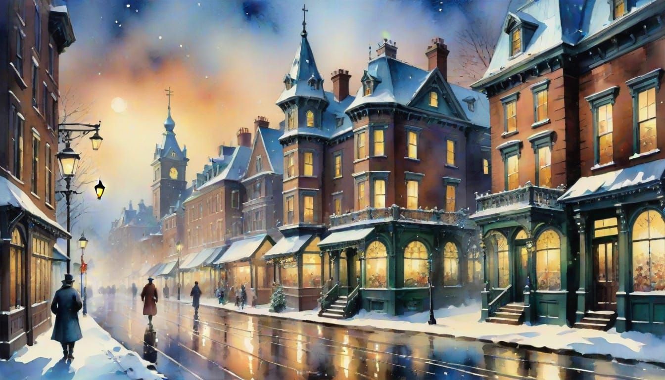 Victorian Christmas Night Scene in Whimsical Watercolor Styl...