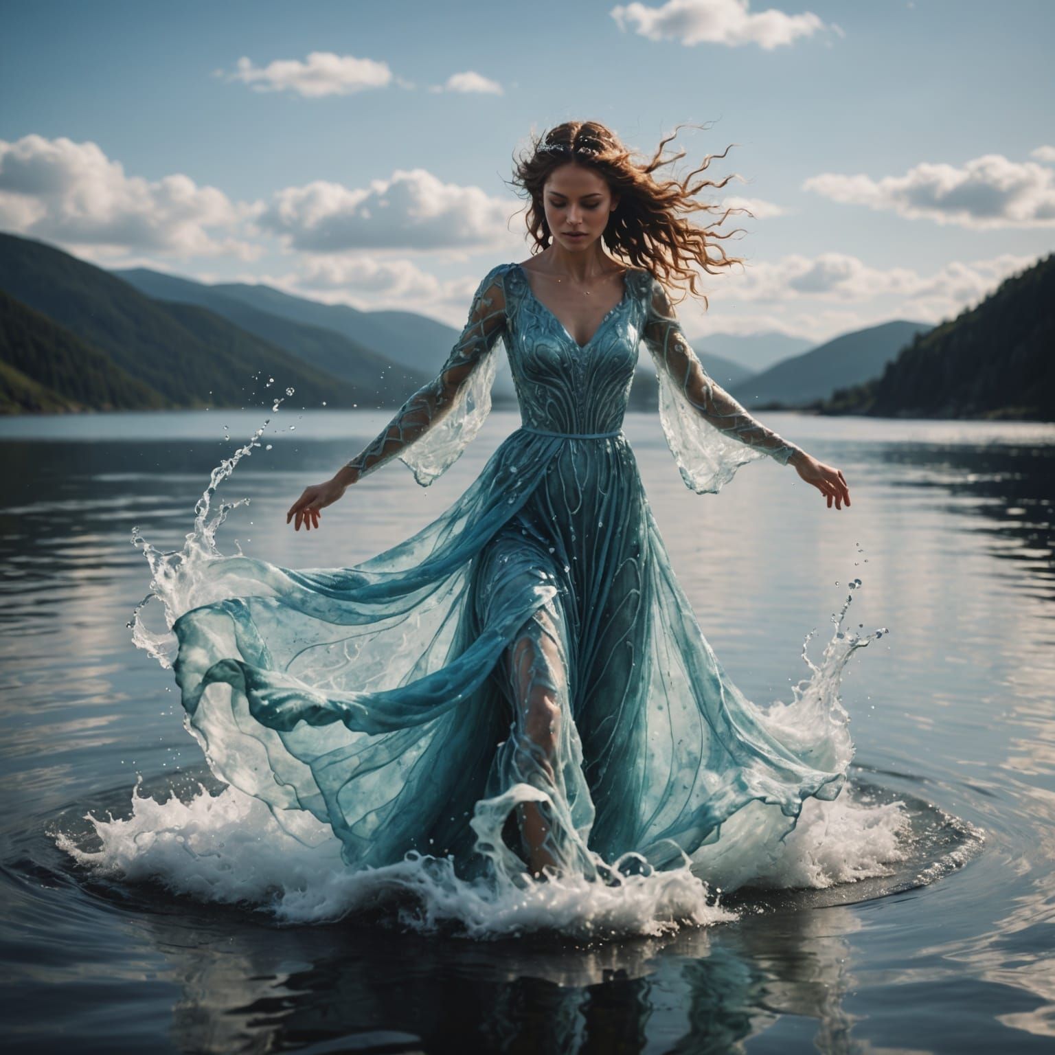 Water Spirit Dances on Water's Surface in a Frothy Gown