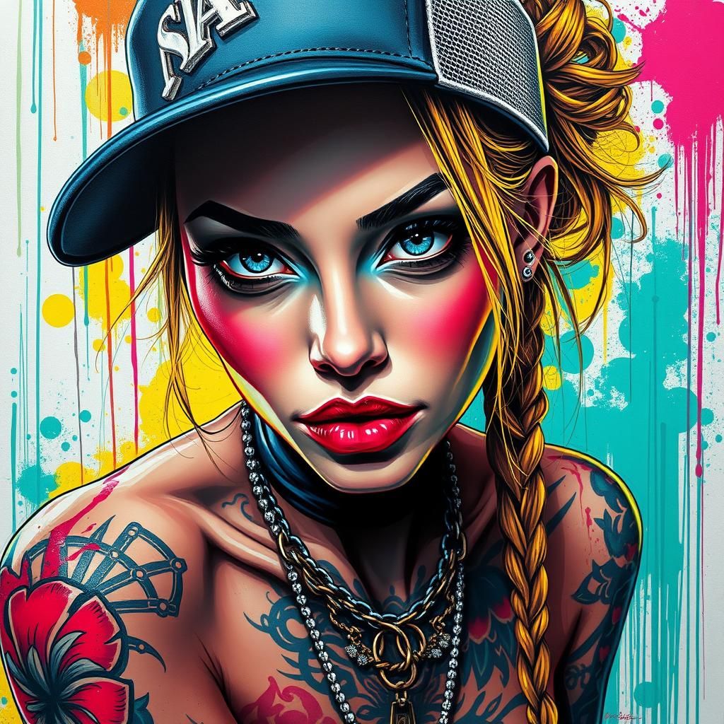 Hyperrealistic Cyber Tattoo: Gangsta Girl in Neon