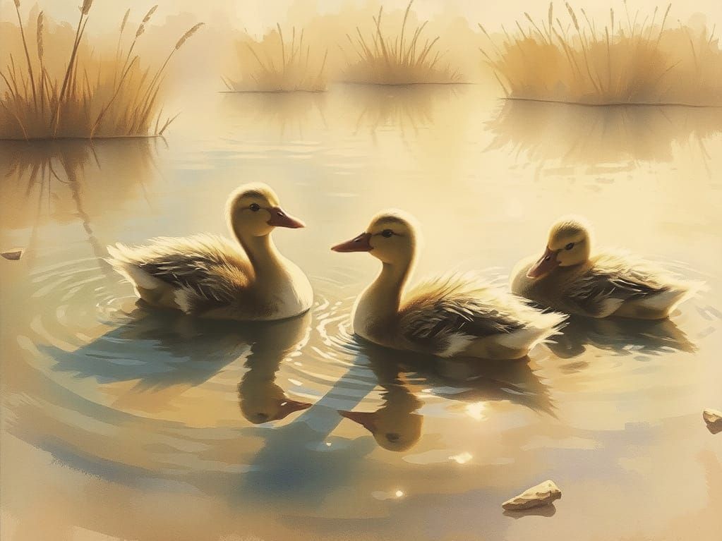Impressionist Ducklings Bask in Morning Sunlight