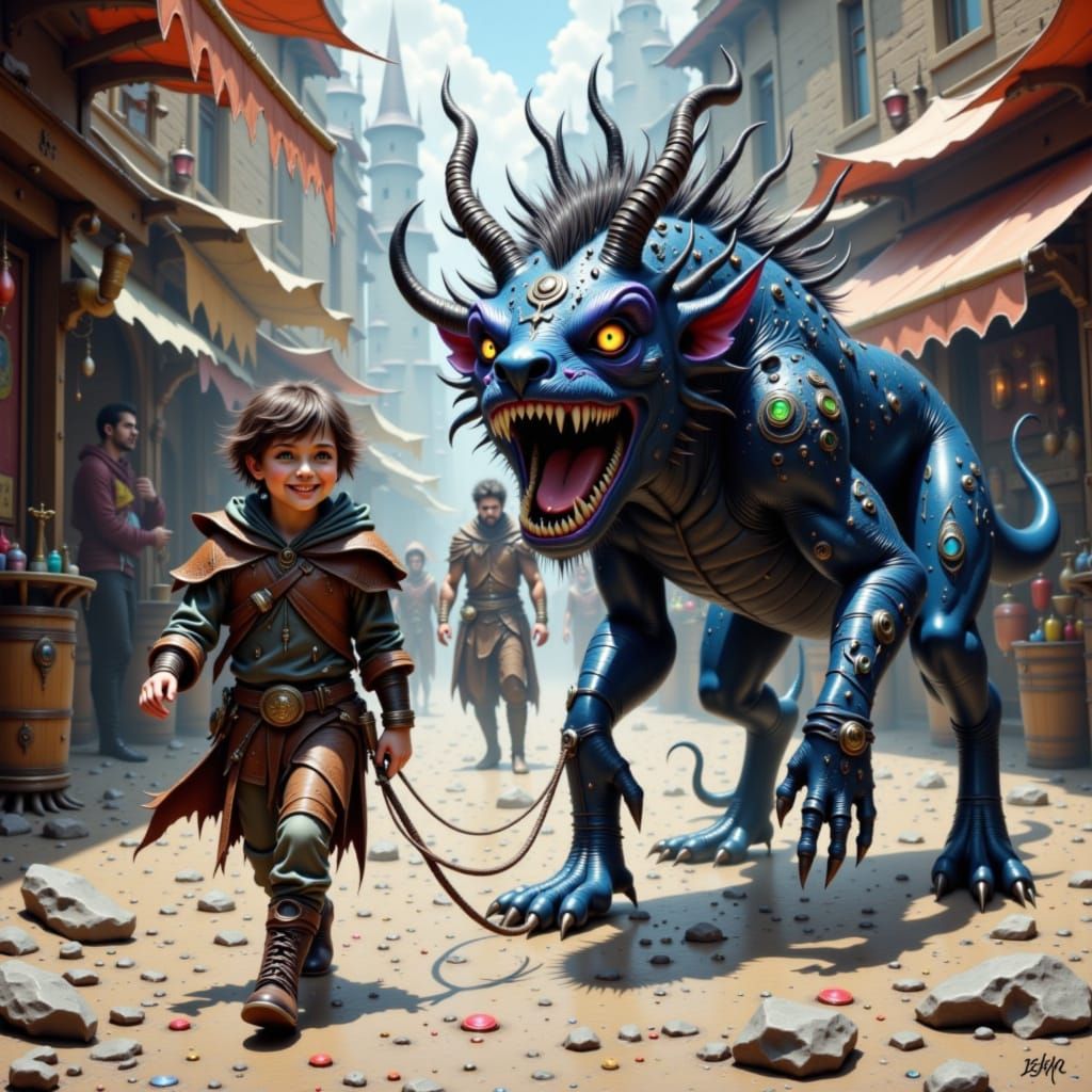 Child Leads Beast Through Market Square, Heroic Fantasy Art