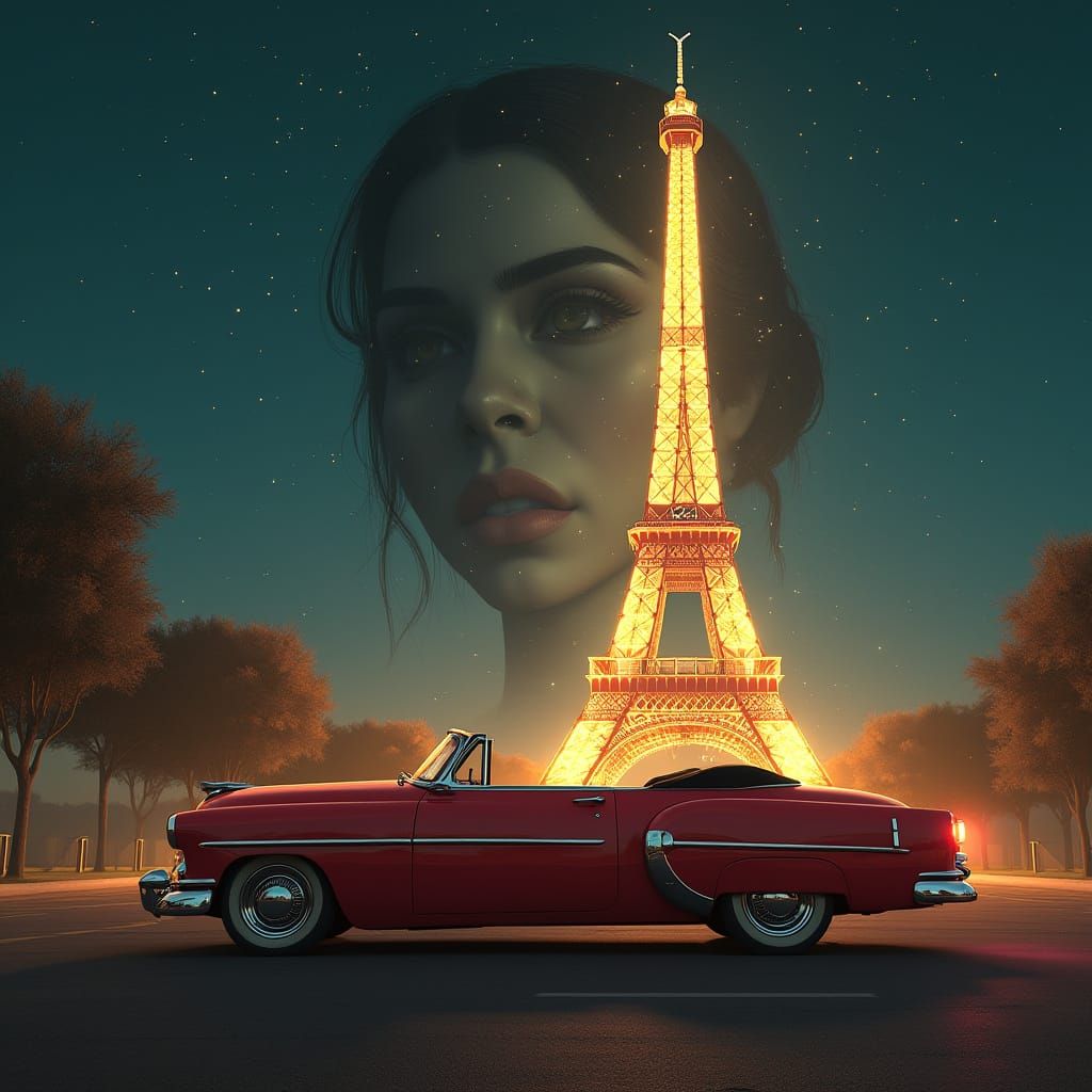 Surreal Eiffel Tower Dreamscape in Retro-Futuristic Style