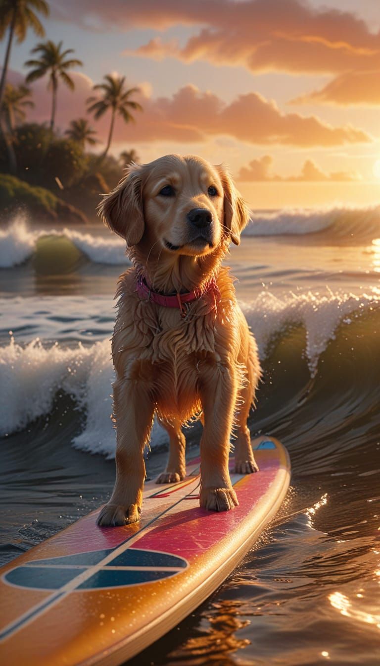 Golden Retriever Puppy Rides Surfboard in Vibrant Sunset