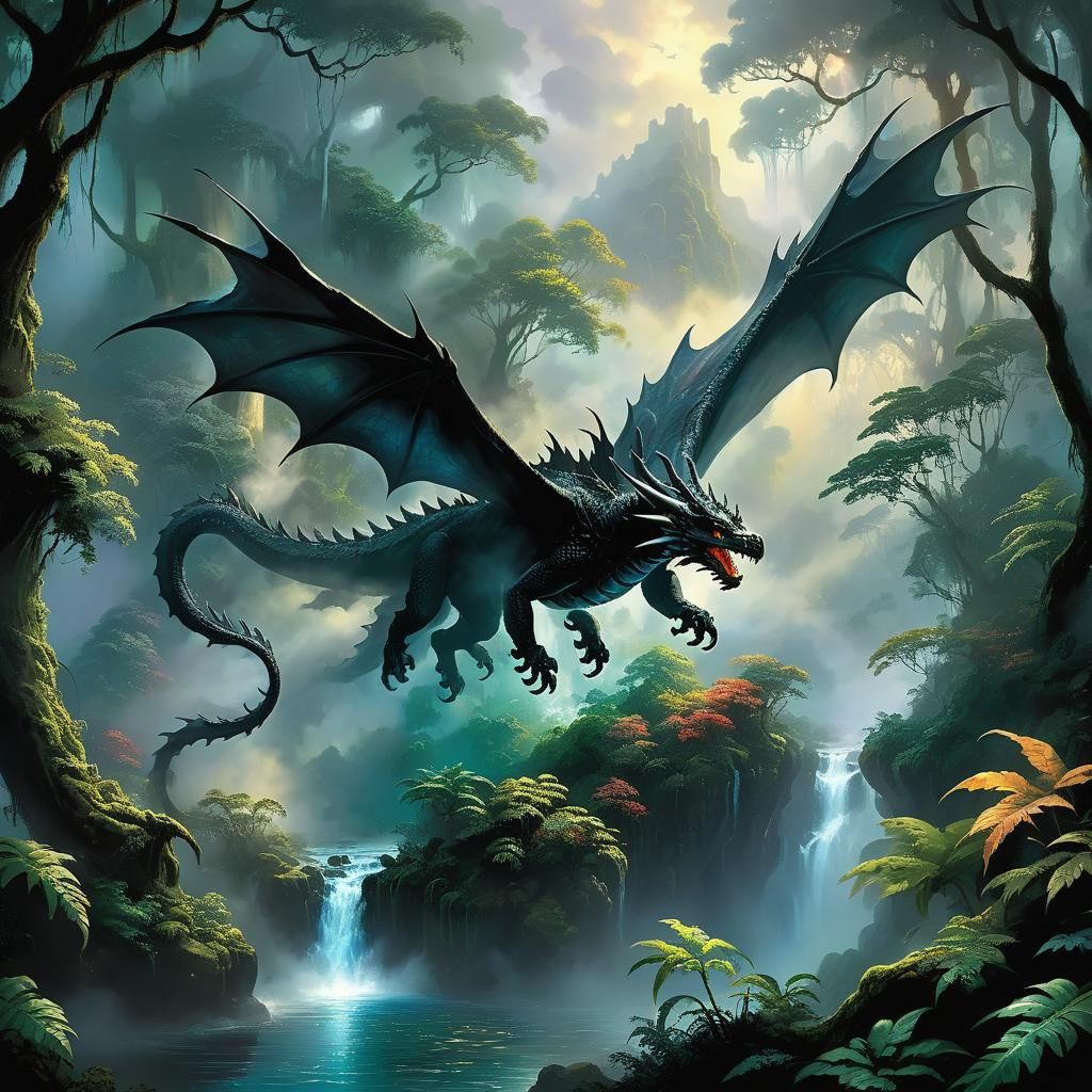 Black Dragon Flight in Ethereal Rainforest Landscape