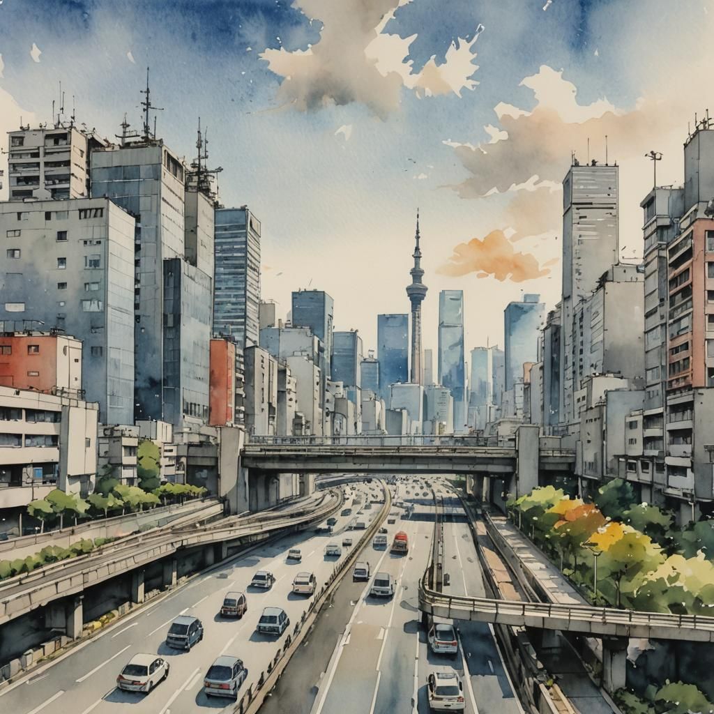 Tokyo Skyline from Shuto Expressway: Watercolor Painting