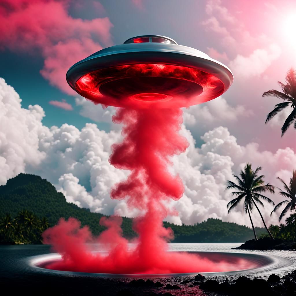 Flying Silver Saucer Dissolving into Neon Smoke