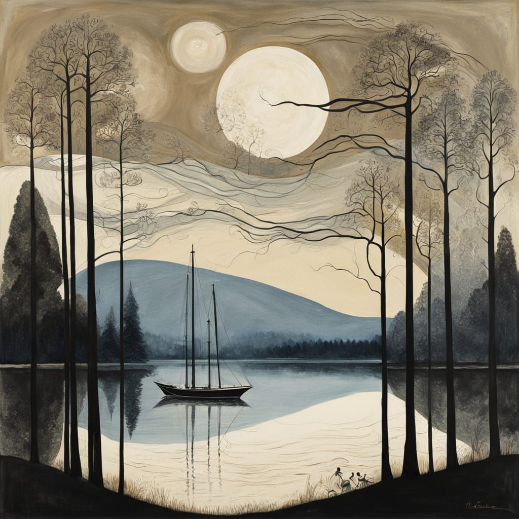 Silent Lake Sailing Ship: Classical Art Style