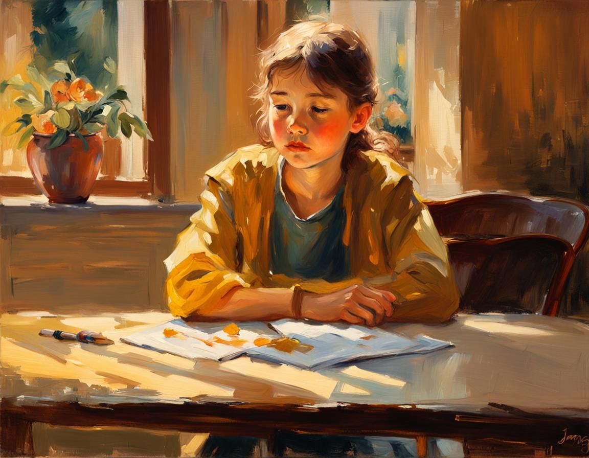 Impressionist Painting of Tired Girl in Golden Light
