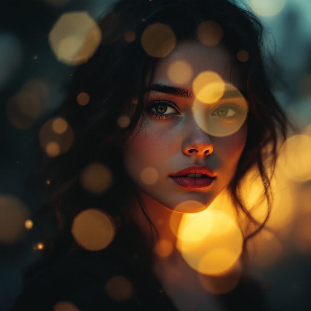 Woman Framed by Warm Bokeh Lights in High Contrast