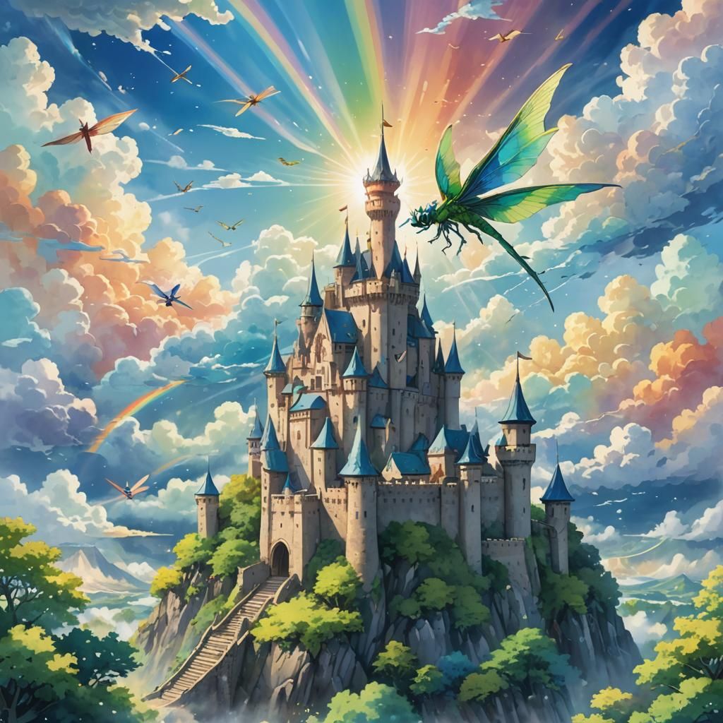 Anime Dragon Flying Over Sky Castle