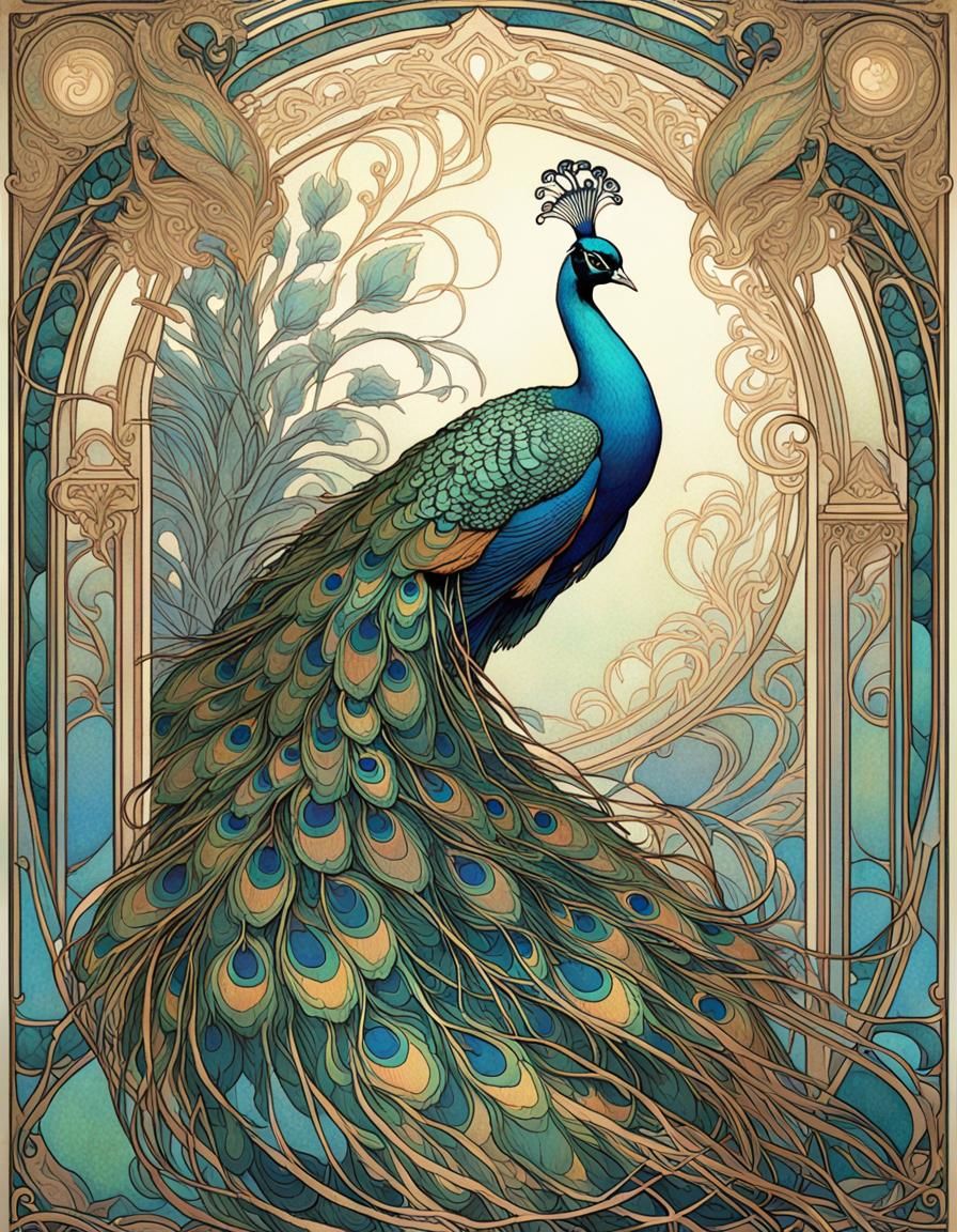 Luminous Peacock in Art Nouveau Style