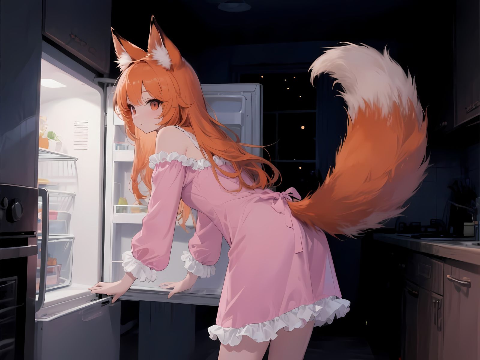 Anime Fox Girl in Kitchen at Night