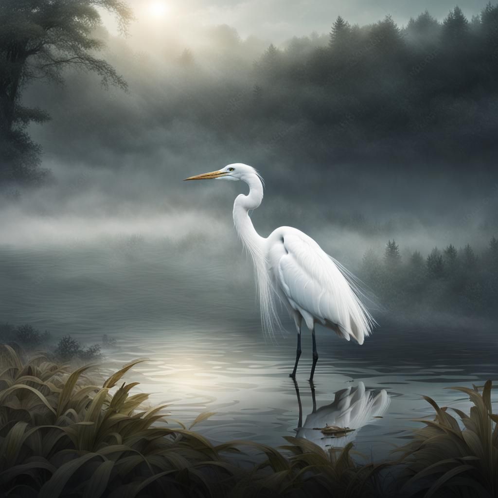 White Heron on Misty Lake: Digital Matte Painting
