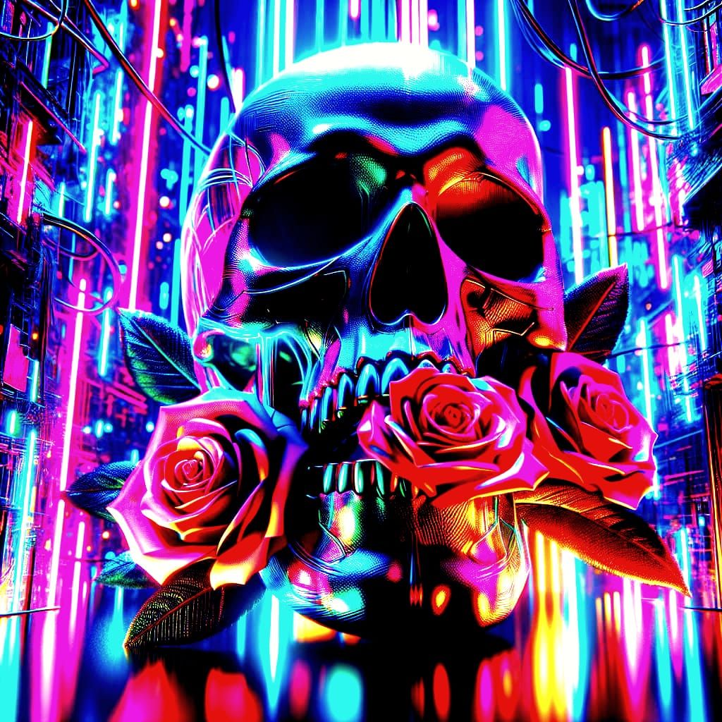 Cyberpunk Skull with Neon Lights and Roses