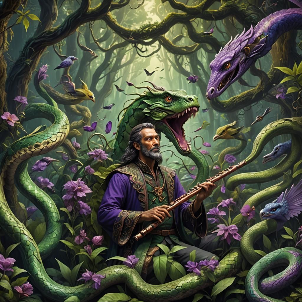 Flute-Playing Snake Creature in Lush Forest: Digital Art