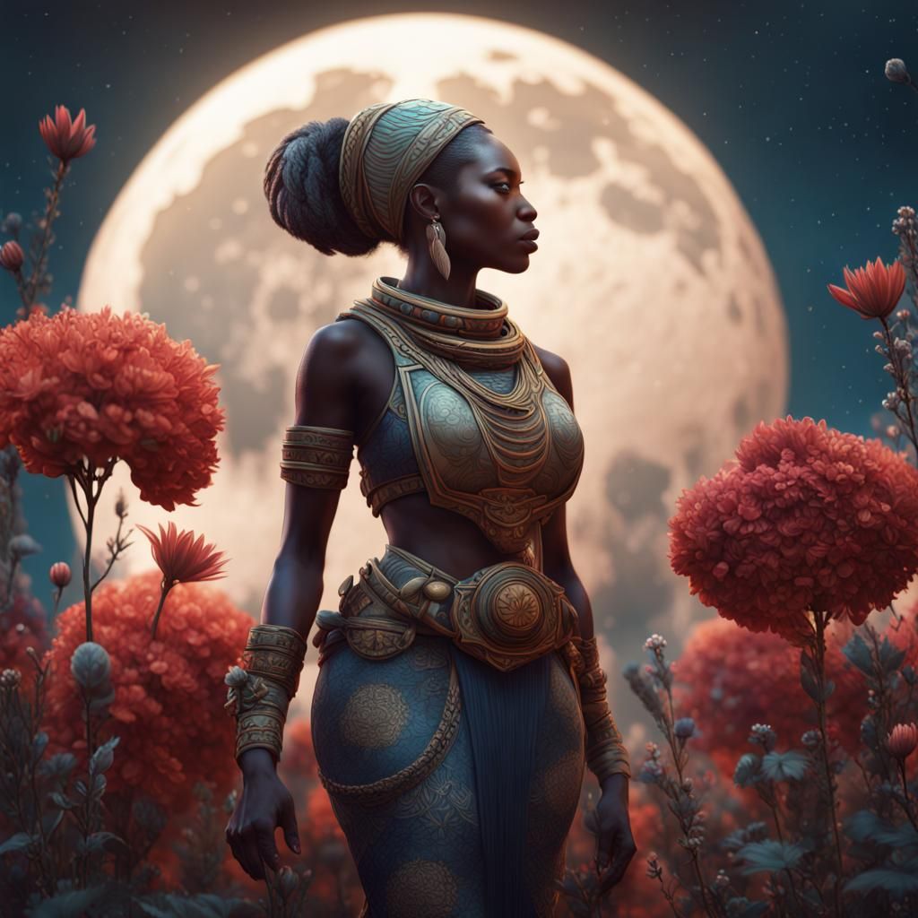 African Moon Goddess with Flowers: Fantasy Art