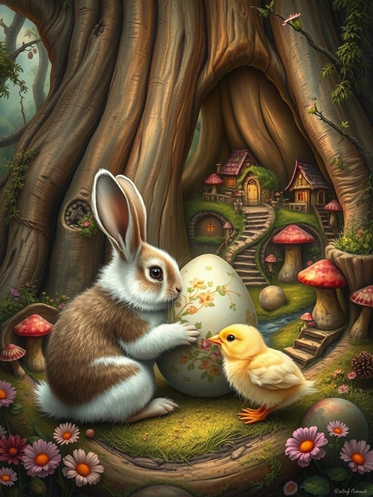 Bunny and Chick in Fairy Village, Fantasy Art