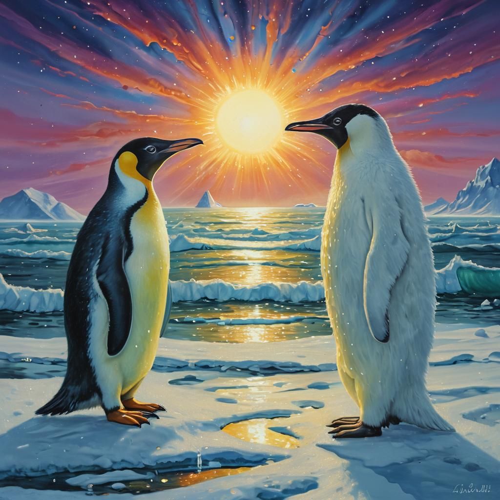 Eskimo and Penguin in Surreal Melting Landscape