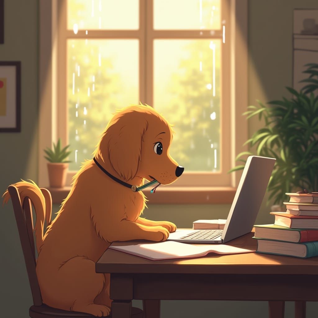 Golden Retriever Puppy Studying at Desk in Lofi Style