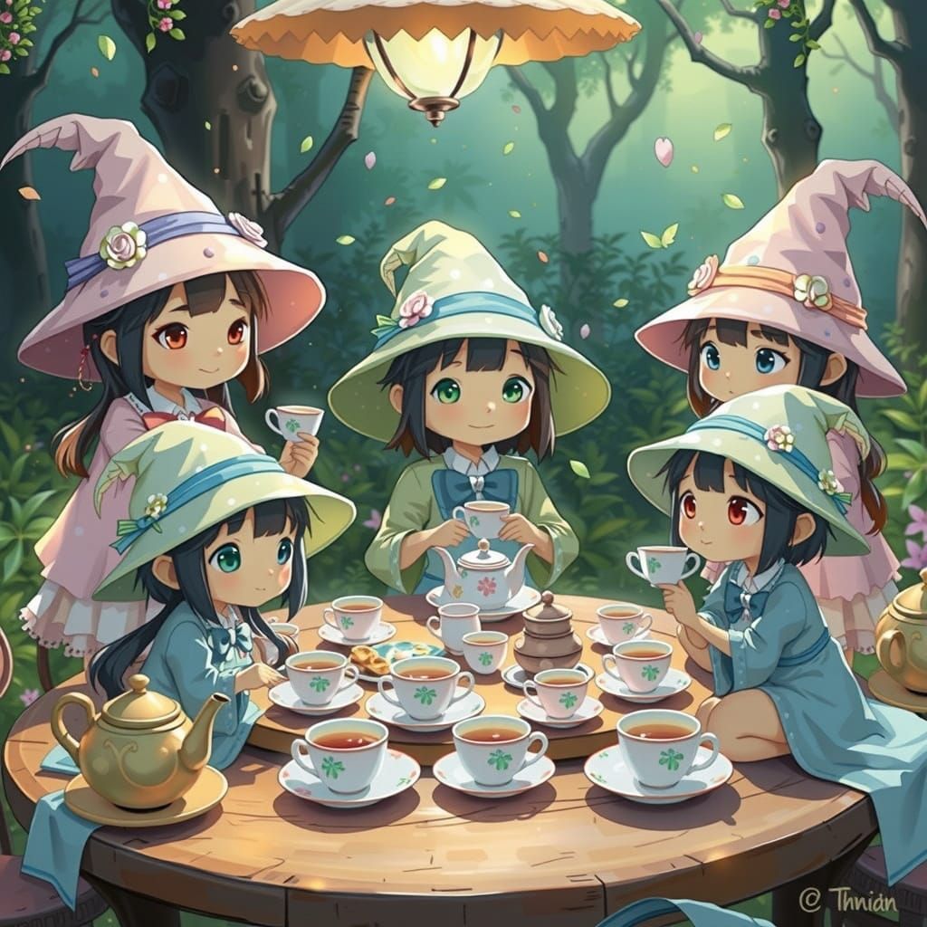 Chibi Mantises Tea Party in Kawaii Cartoon Style