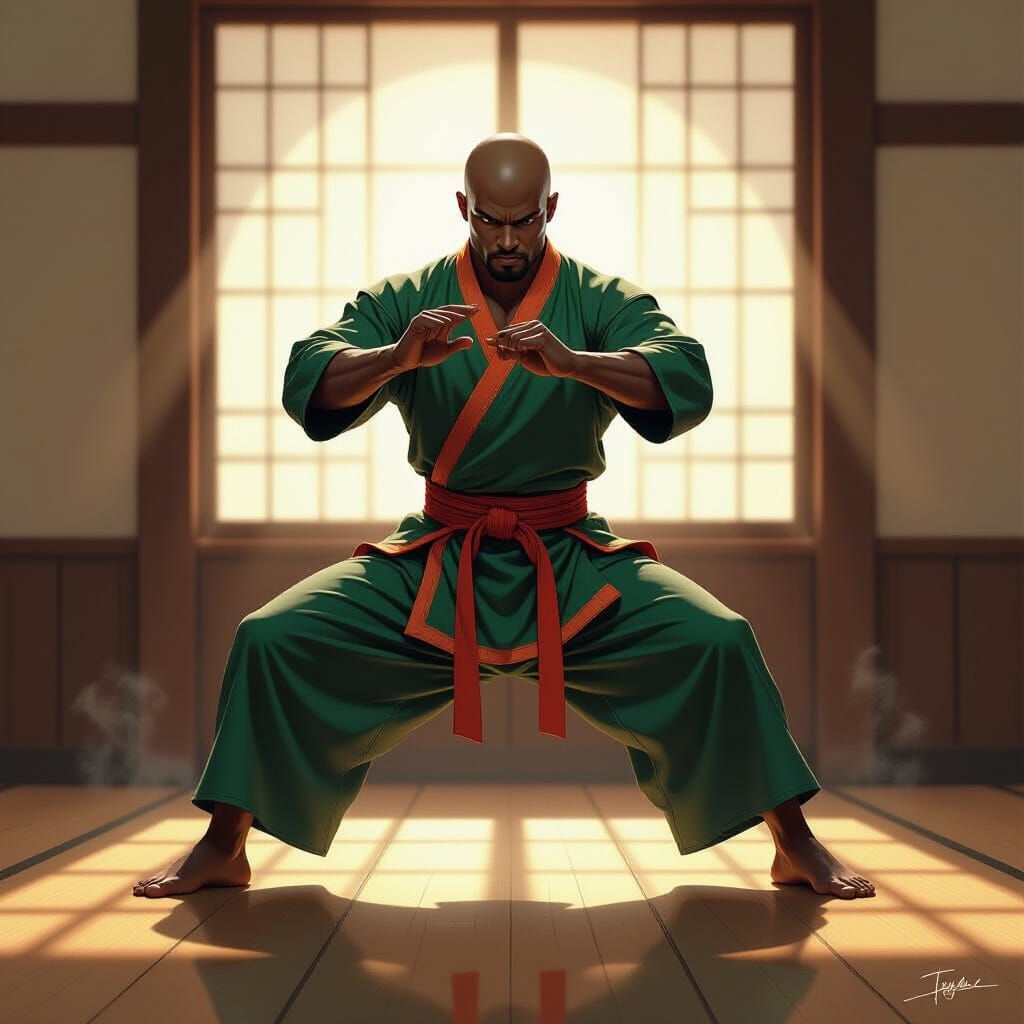 Black Warrior Practices Tai Chi in Sunlit Dojo