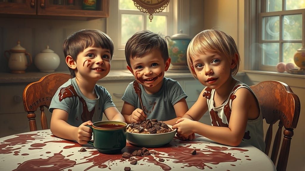Children Covered in Chocolate in a Quaint Kitchen