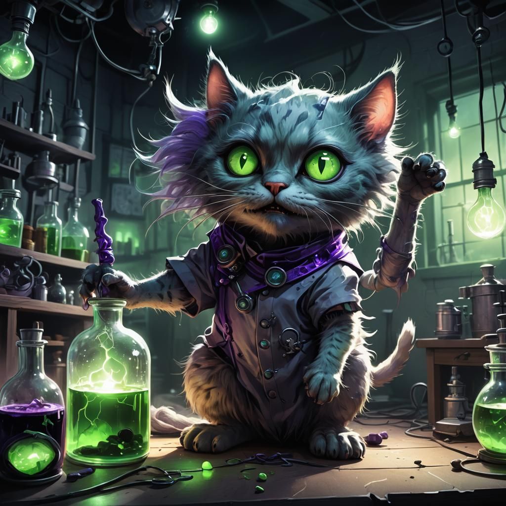 Mad Scientist Kitty Reanimating a Monster
