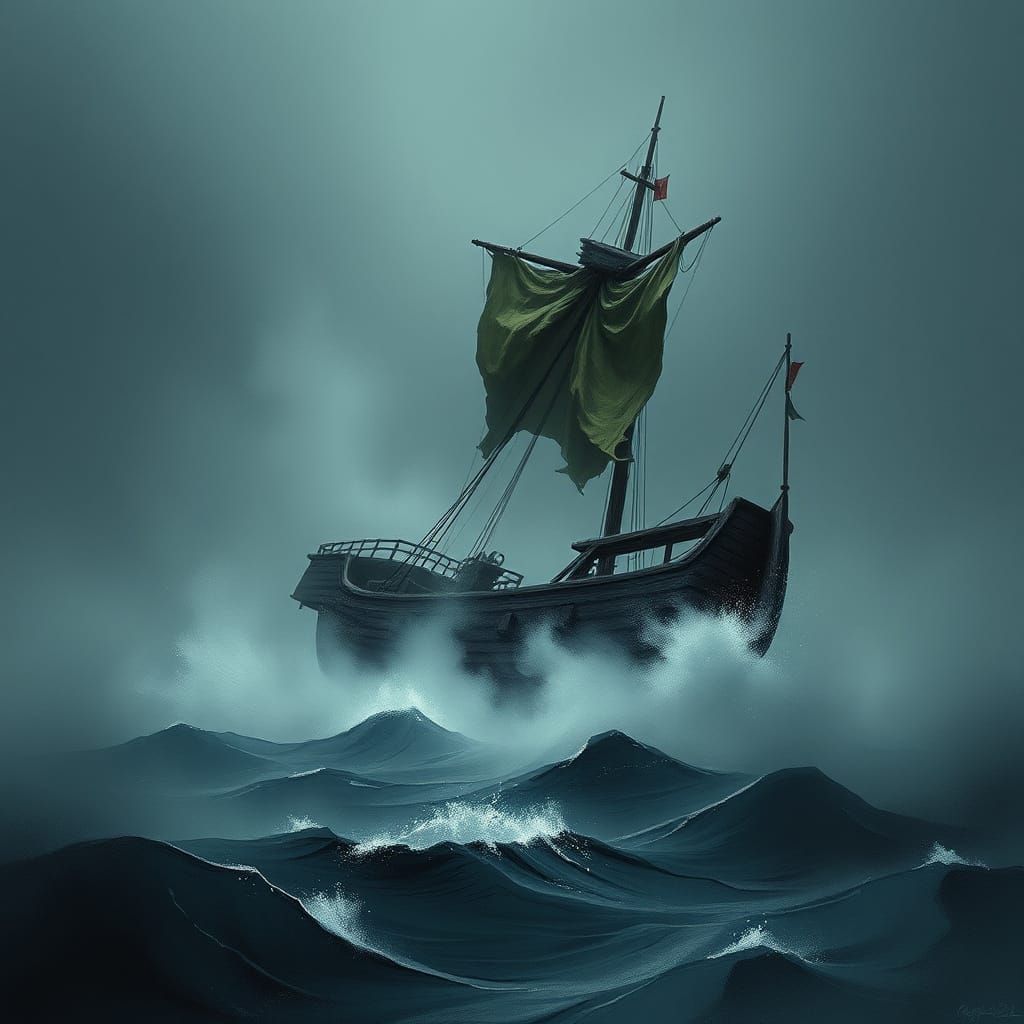 Abandoned Vessel in a Dark, Eerie Mist