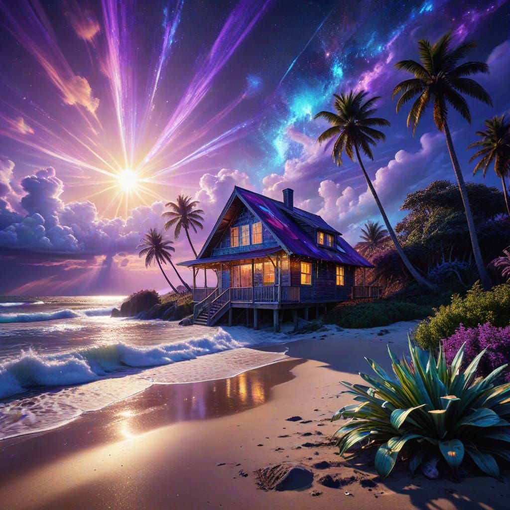 Surreal Beach Scene with Vibrant Sun and Cosmic Backdrop
