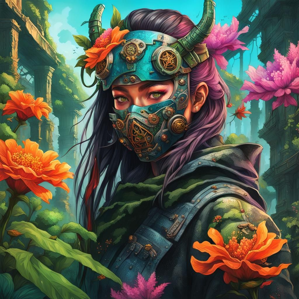 Steampunk Samurai Warrior in Neon City Ruins