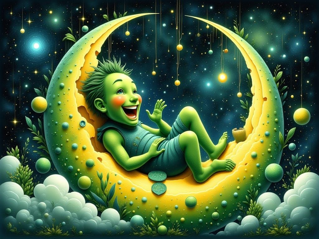 Green Cheese Moon Man Laughing in Cosmic Landscape