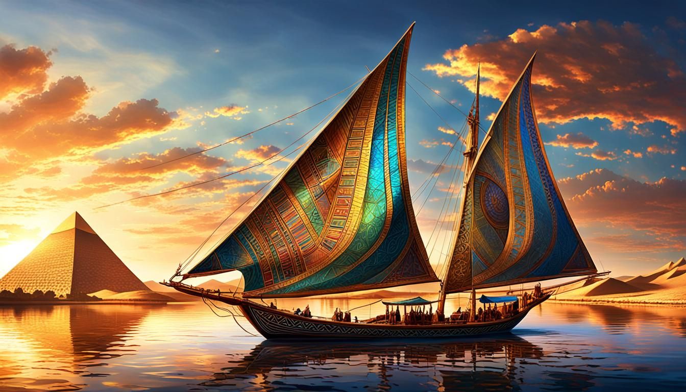 Ancient Egypt pharaoh era, felucca sailing on the Nile