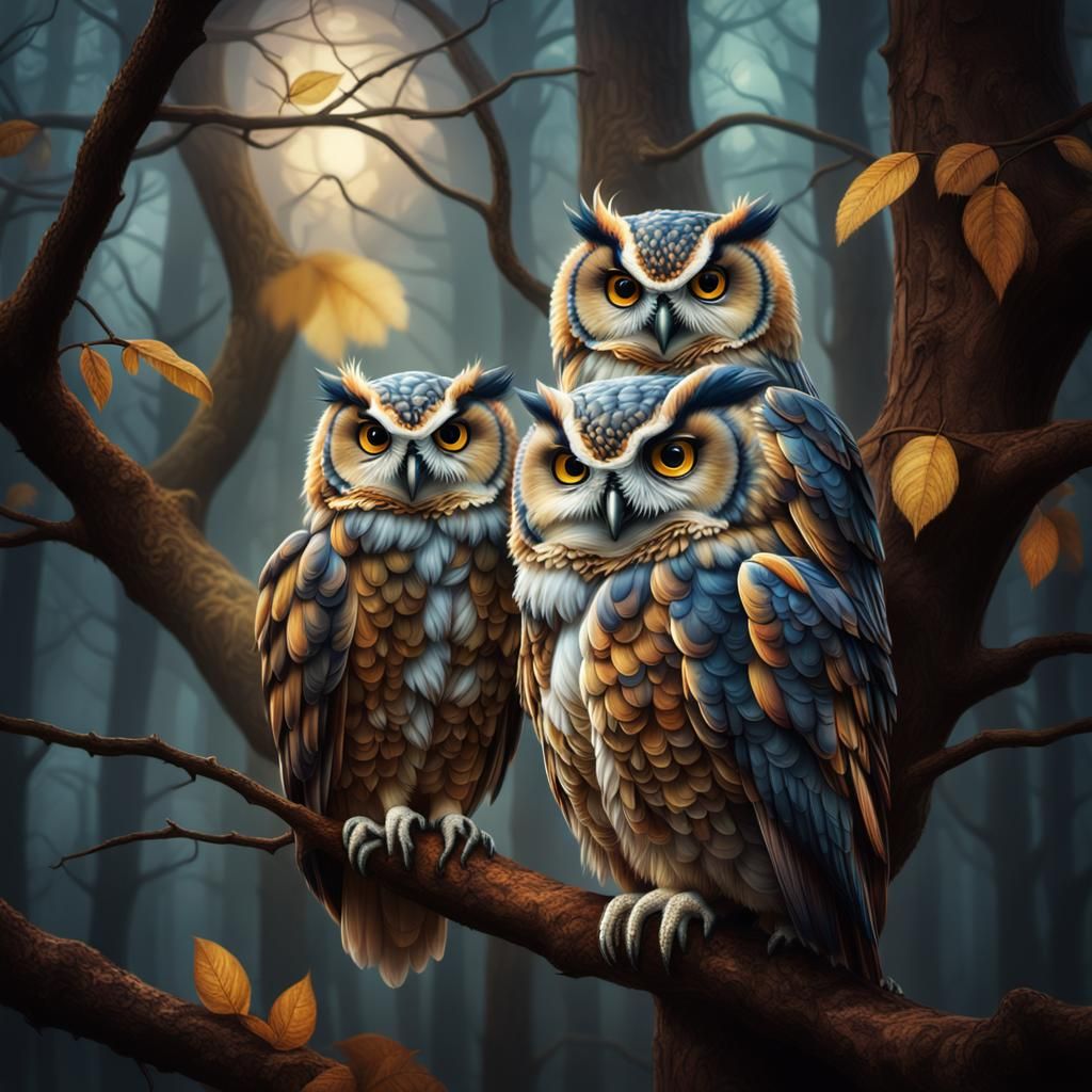 Vibrant Owls Perched in a Misty Forest Canopy