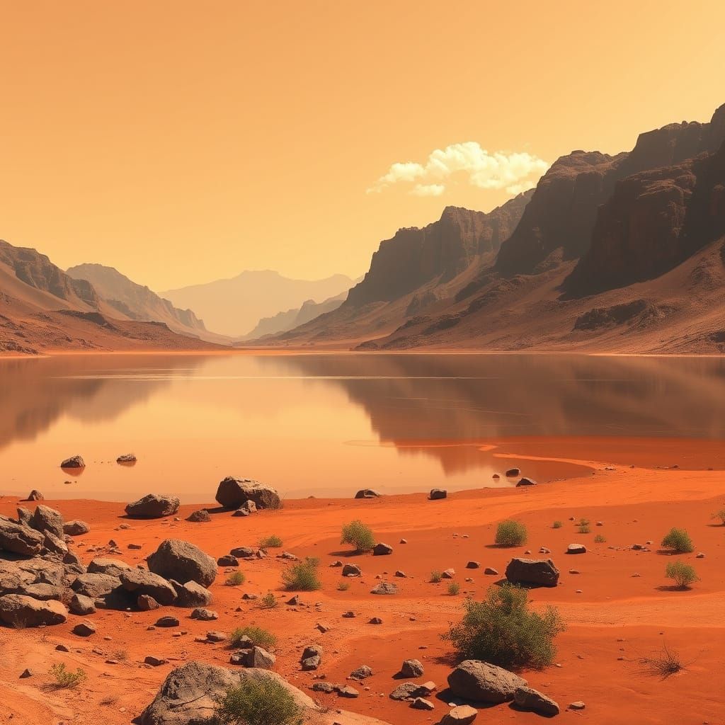 Mars Lake at Dusk in a Dreamy, Ethereal Style