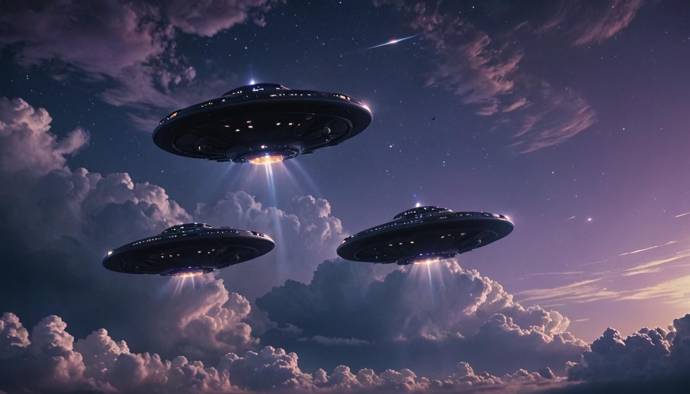 UFOs in Starry Night Sky: Cinematic Film Still