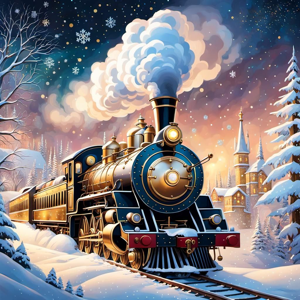 Whimsical Steam Locomotive Flies Through Winter Sky