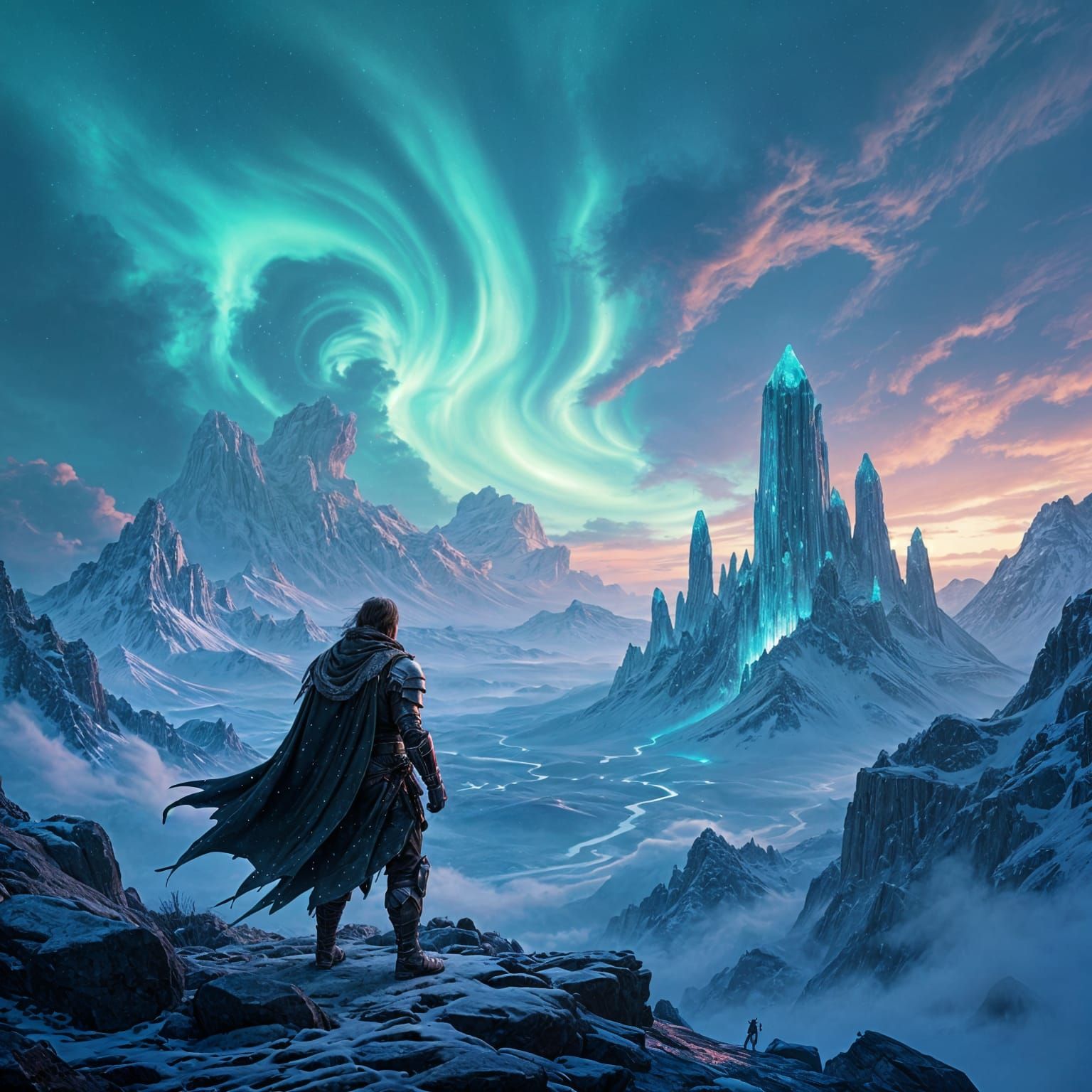 Adventurer Gazing at Alien Landscape in Dark Fantasy Style