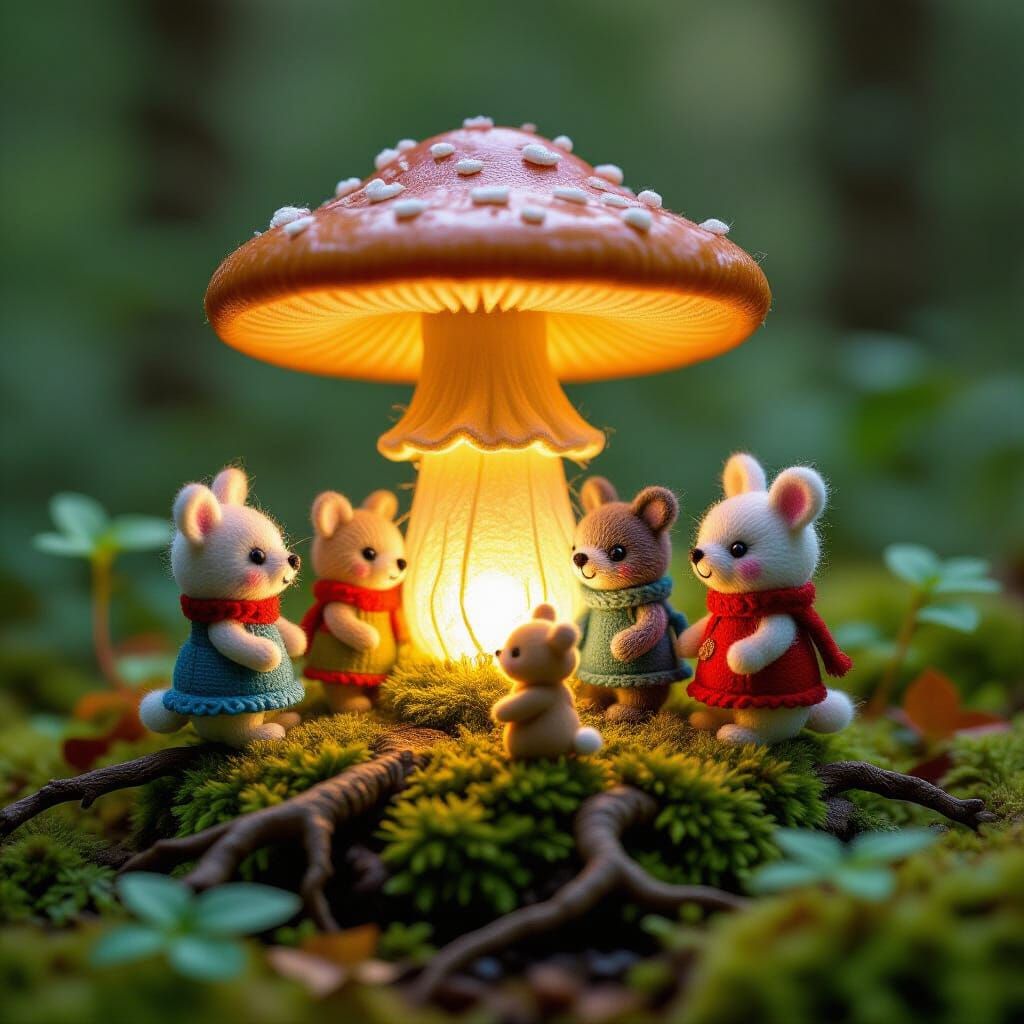Needle-Felted Forest Friends Gather 'Round Mushroom