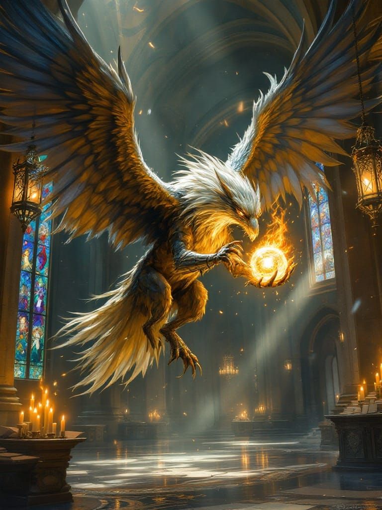 Majestic Griffon Defends Relic with Wings Outstretched