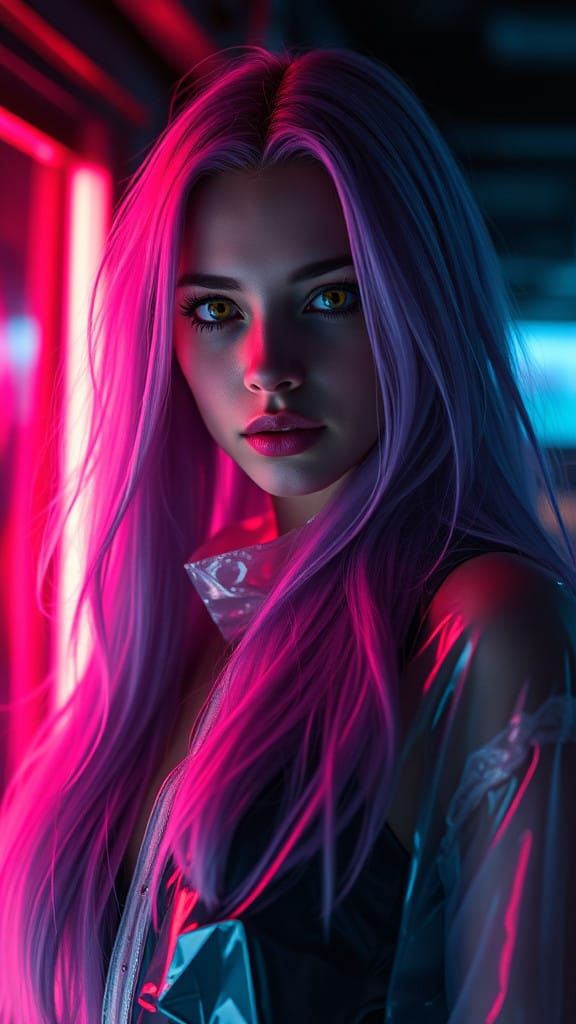 Ethereal Mystical Woman in Neon Lit Cyberpunk Background
